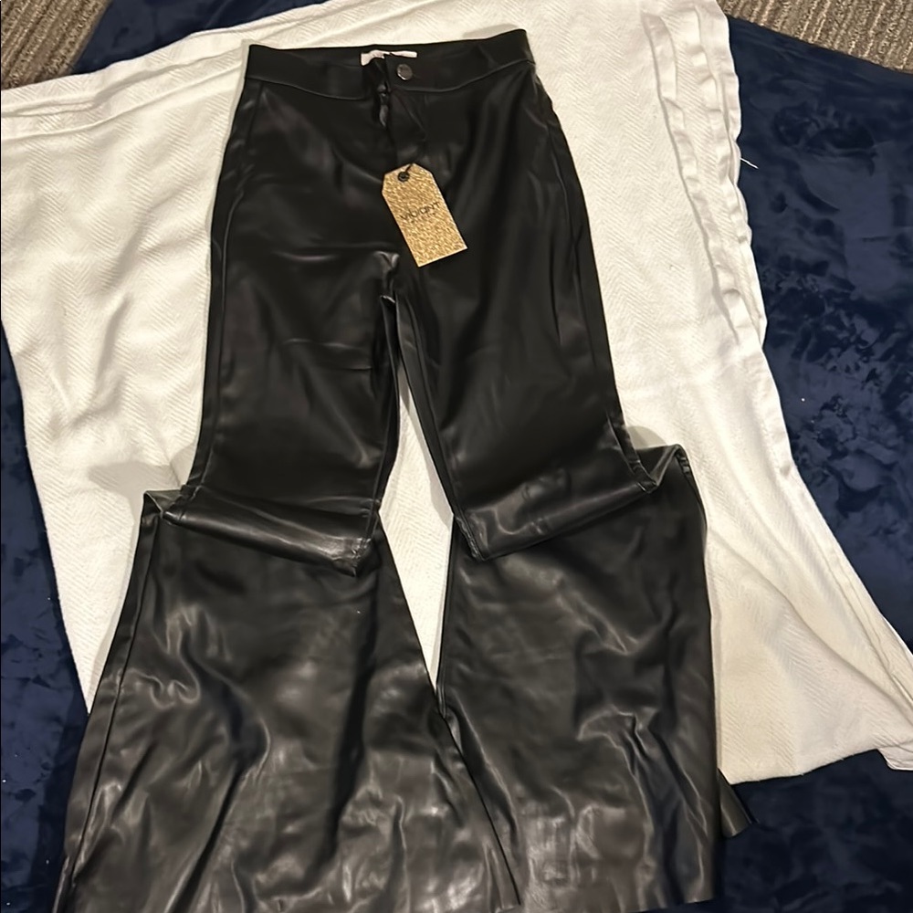 Vibrant Black Flare Leather Pants